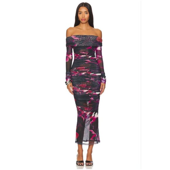 NICHOLAS Oaklyn Off Shoulder Shirred Midi Dress in Blur Floral Magenta - Size 2 - Picture 4 of 7